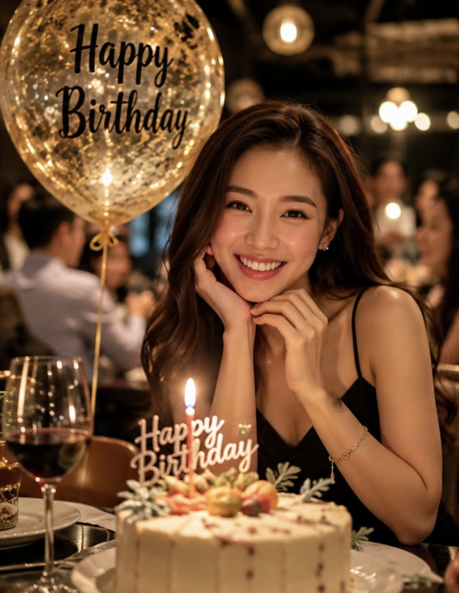 A birthday party photo with balloons and cake