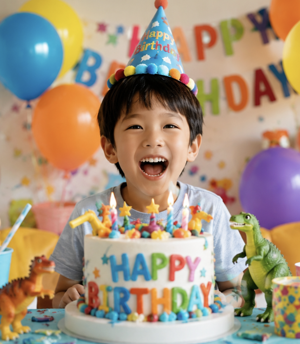 A child's birthday party photo with a bright smile