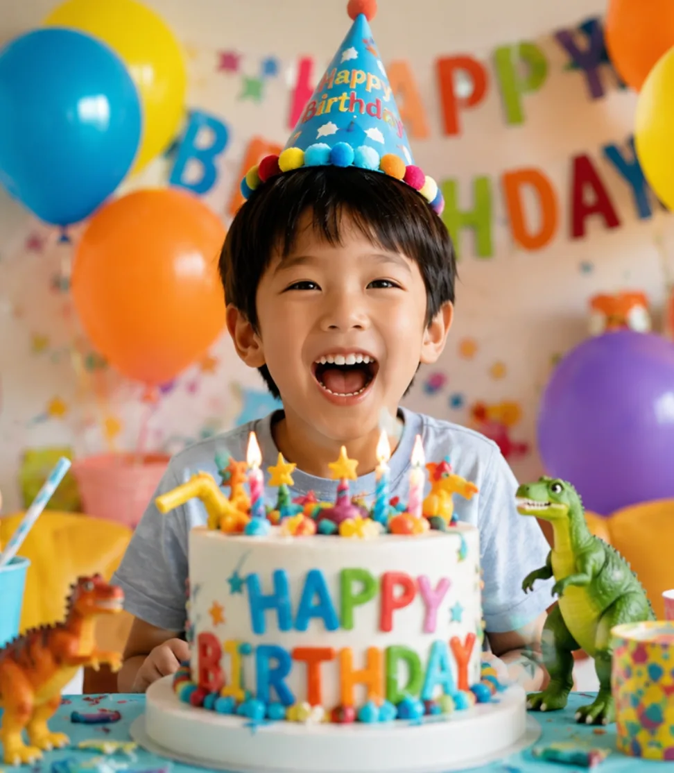 A child's birthday party photo with a bright smile
