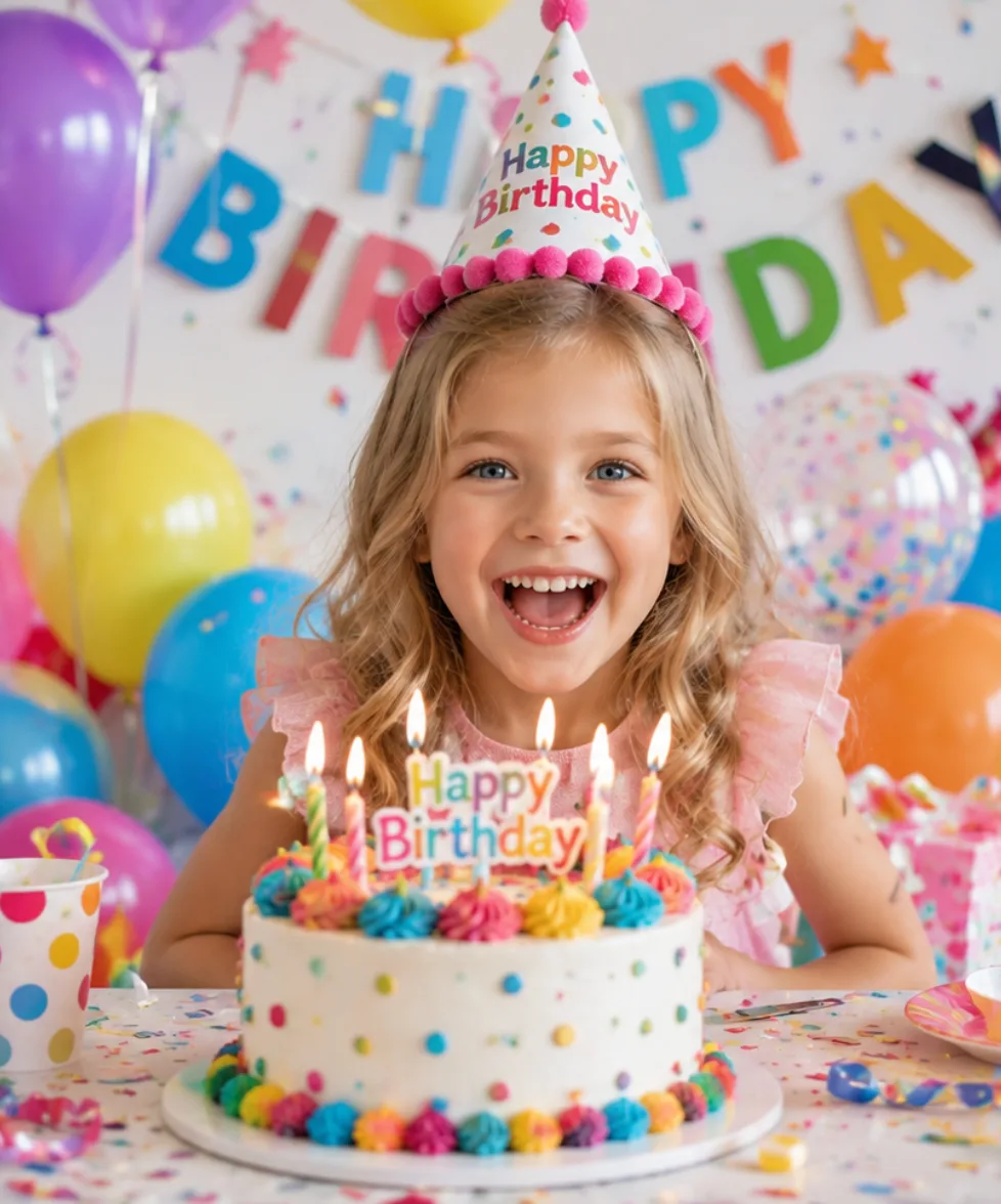 A child celebrating a birthday at a party table