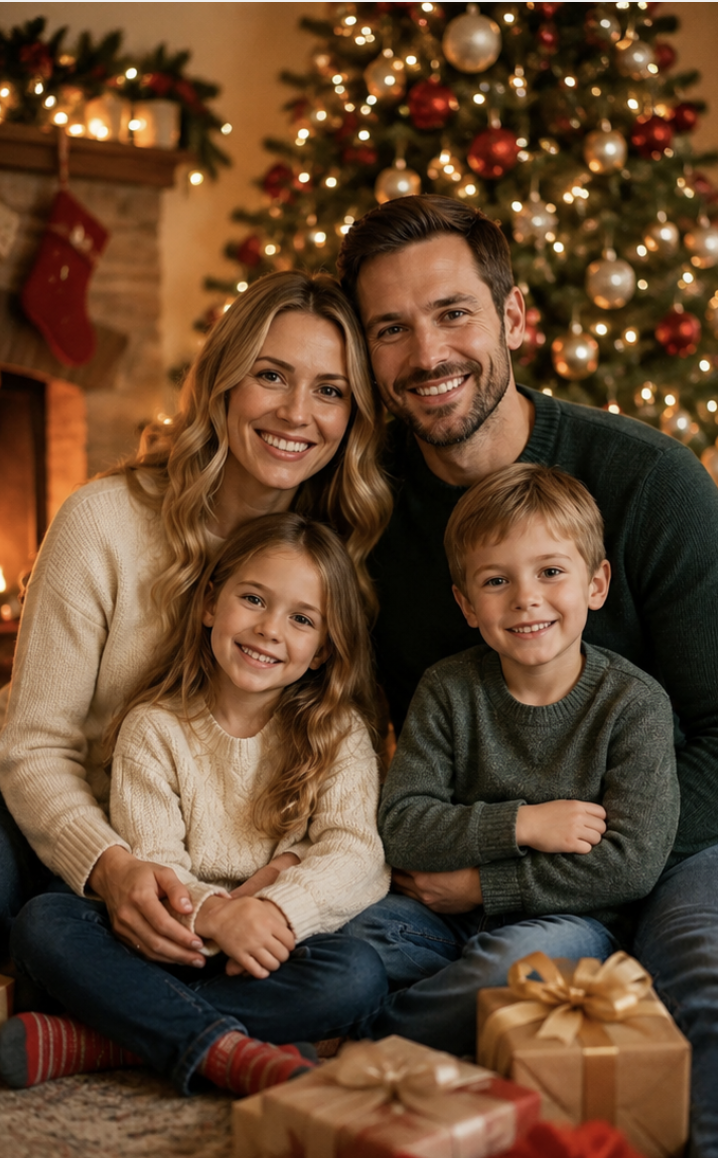 A cozy family holiday photo with warm lights