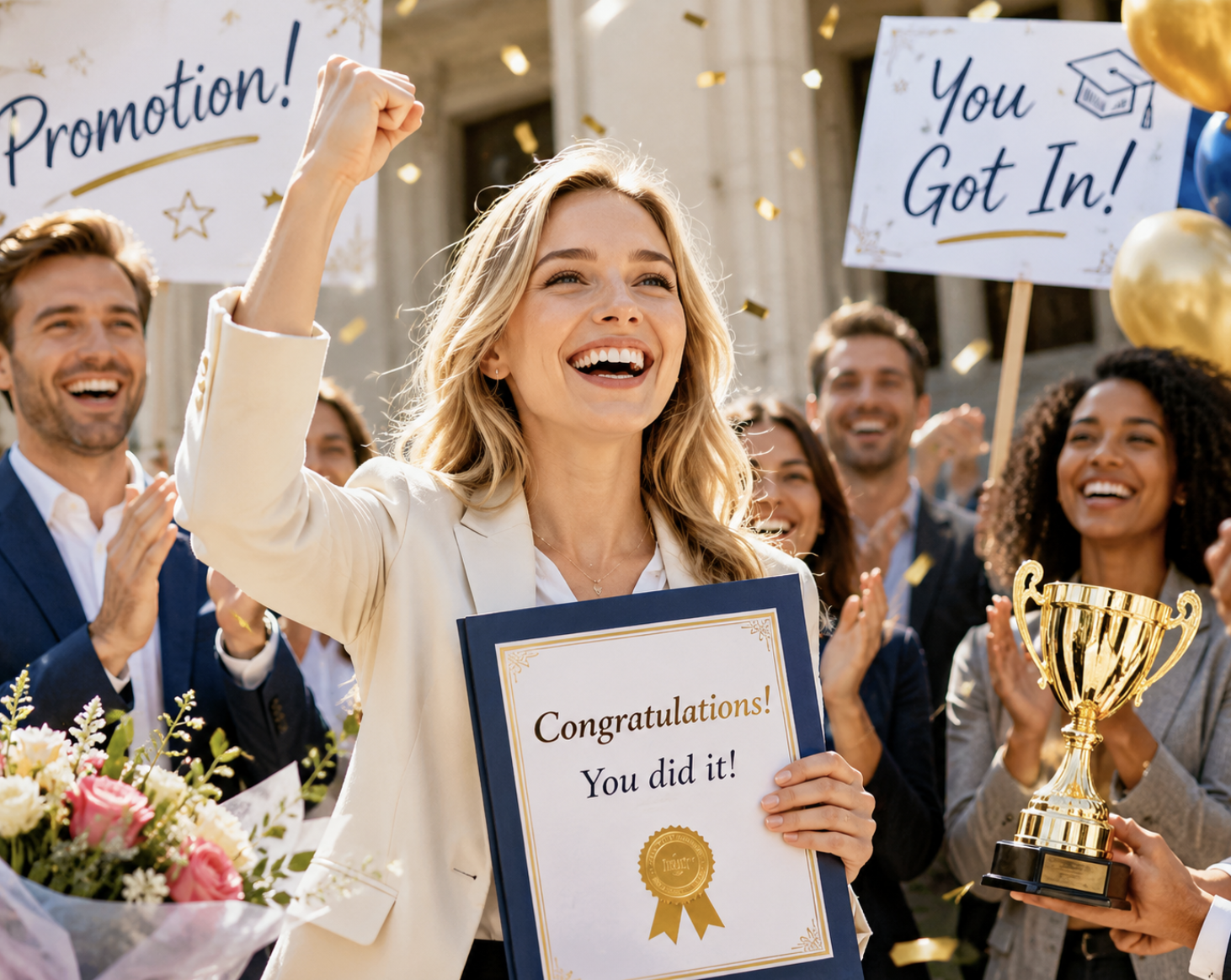 A celebration photo with an award or certificate