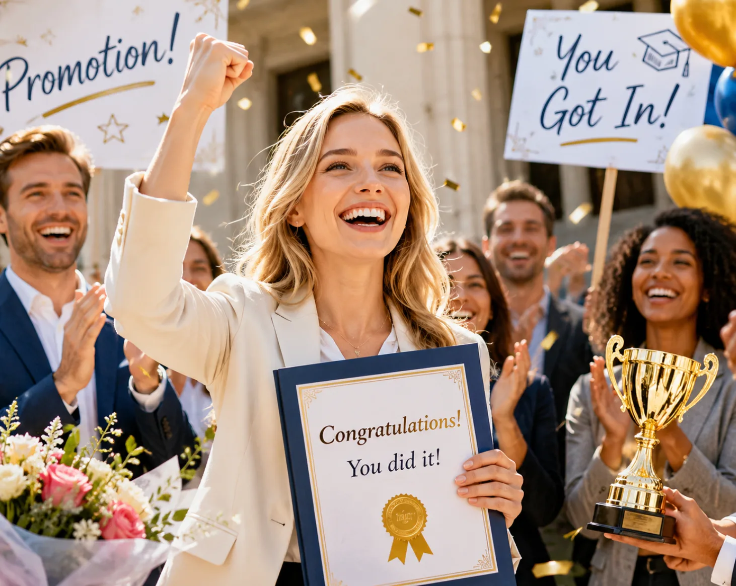 A celebration photo with an award or certificate