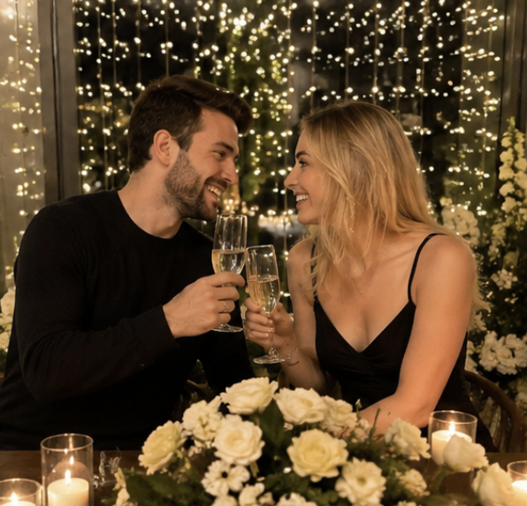 A bright engagement portrait with a warm smile