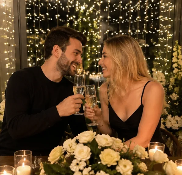 A bright engagement portrait with a warm smile