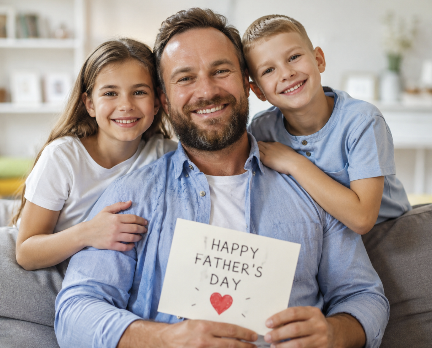 A family Father's Day photo holding a sign for dad