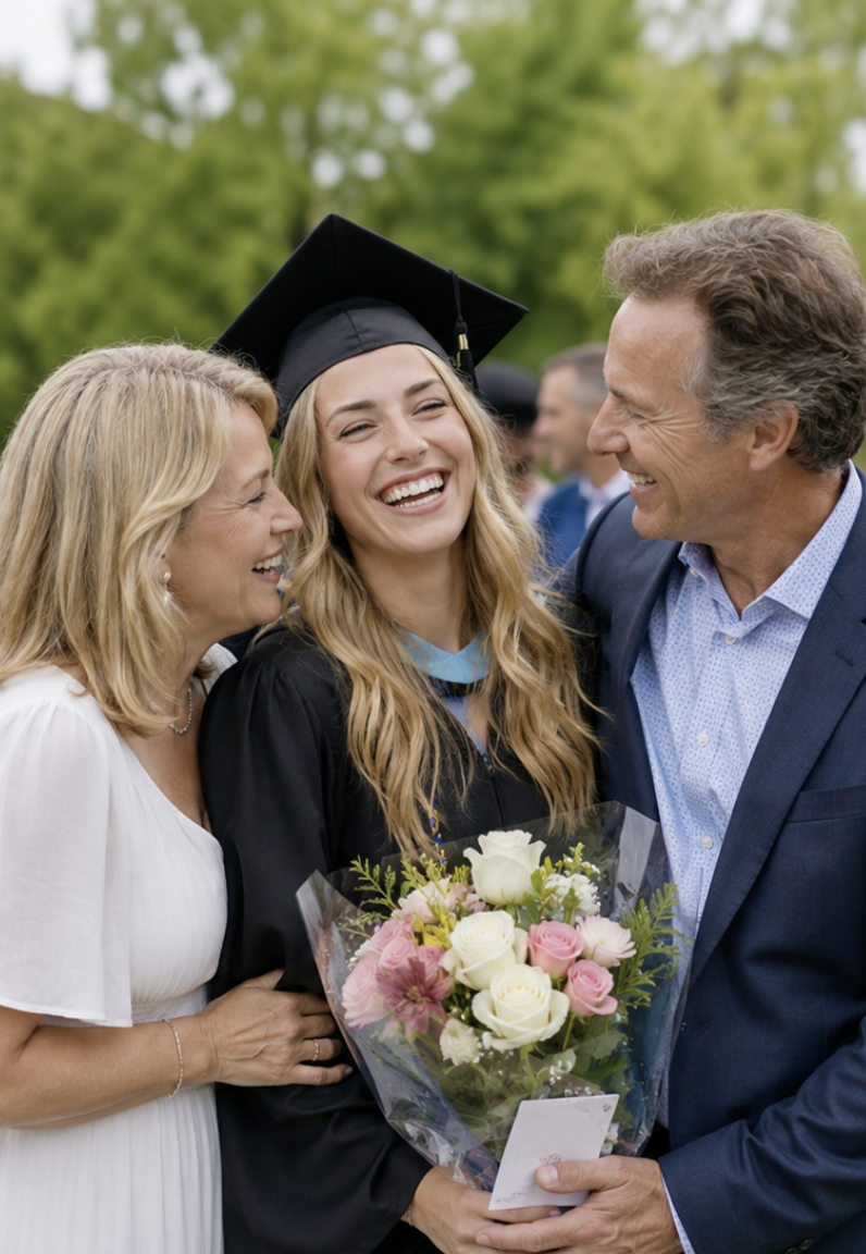 A family graduation celebration with a proud smile