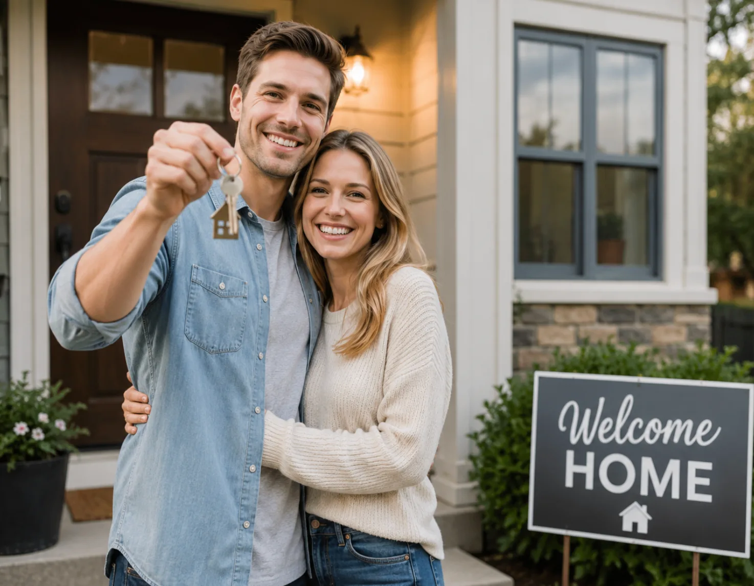 A couple holding a welcome home sign