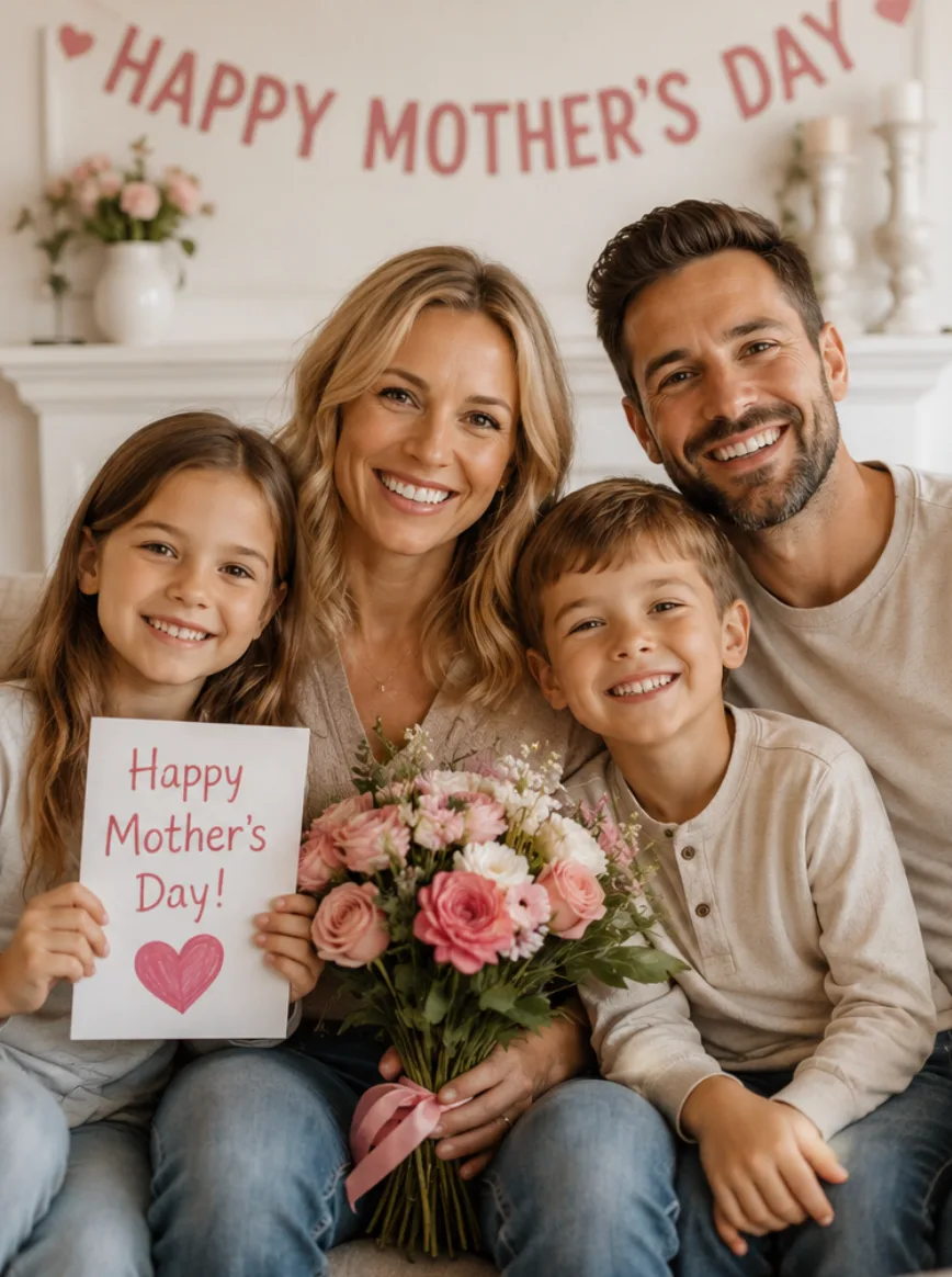 A family Mother's Day photo with a bright smile