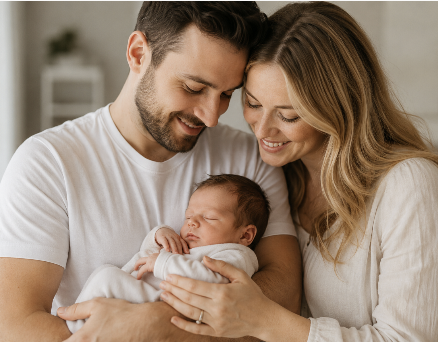 New parents holding a baby in a cozy family photo