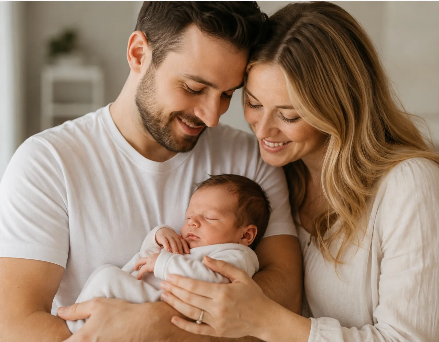 New parents holding a baby in a cozy family photo