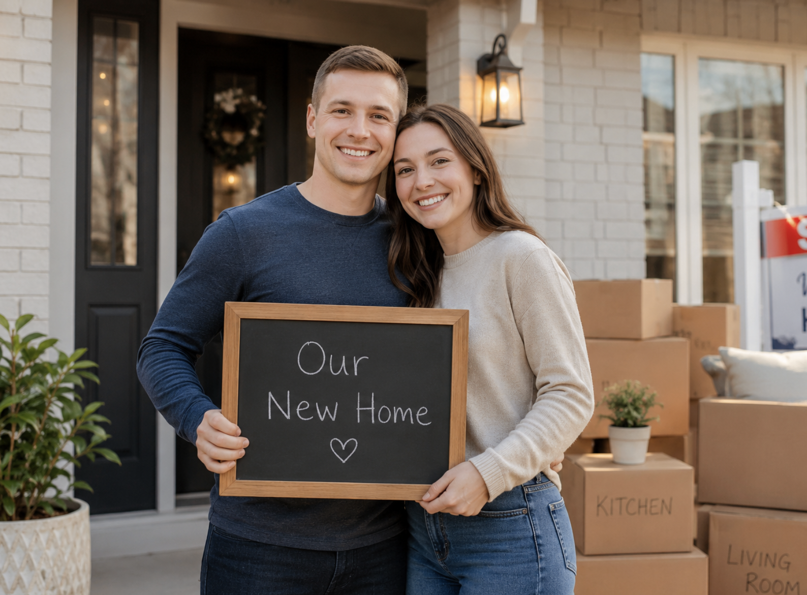 A couple holding a sign for their new home