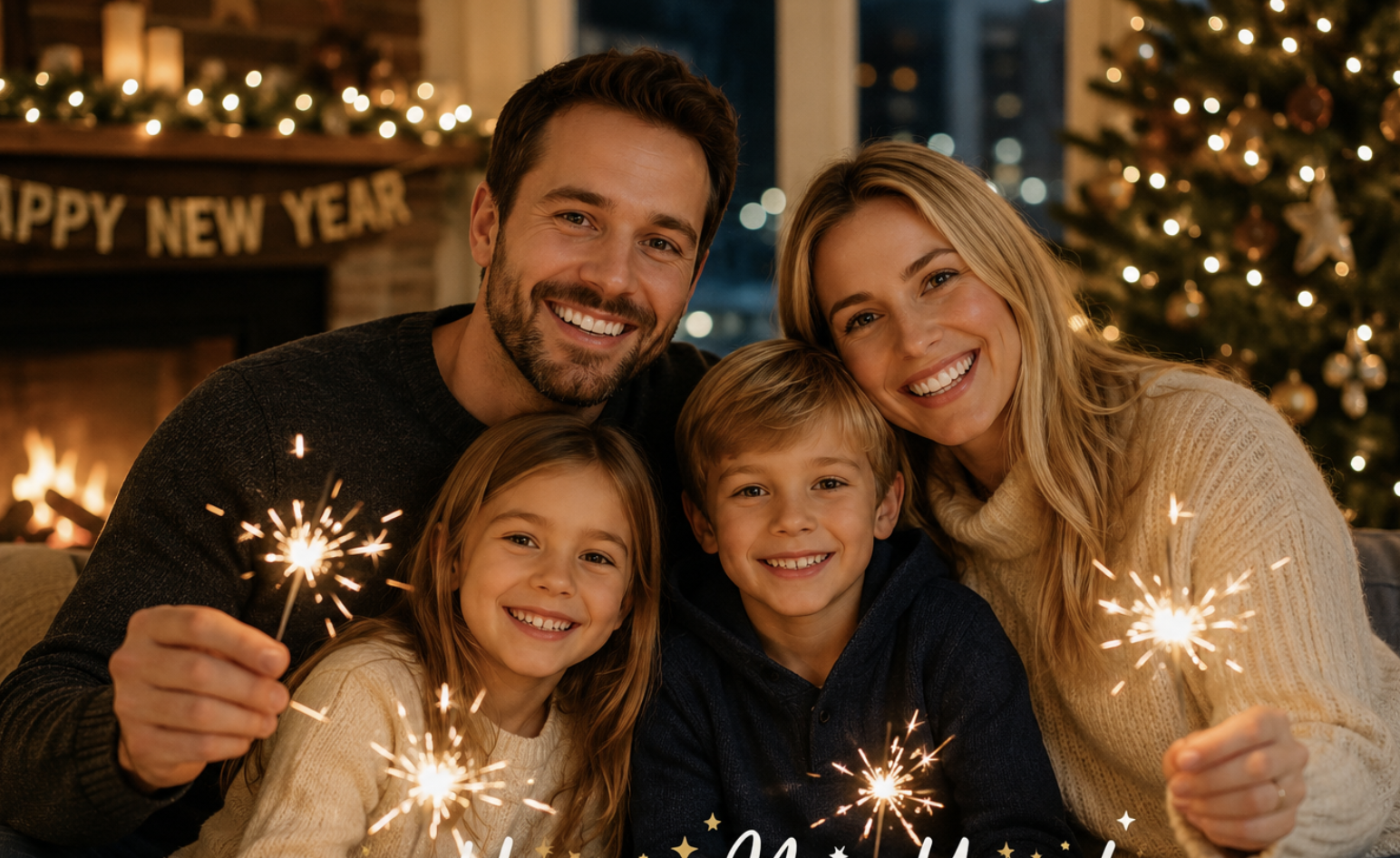 A family New Year photo with sparklers