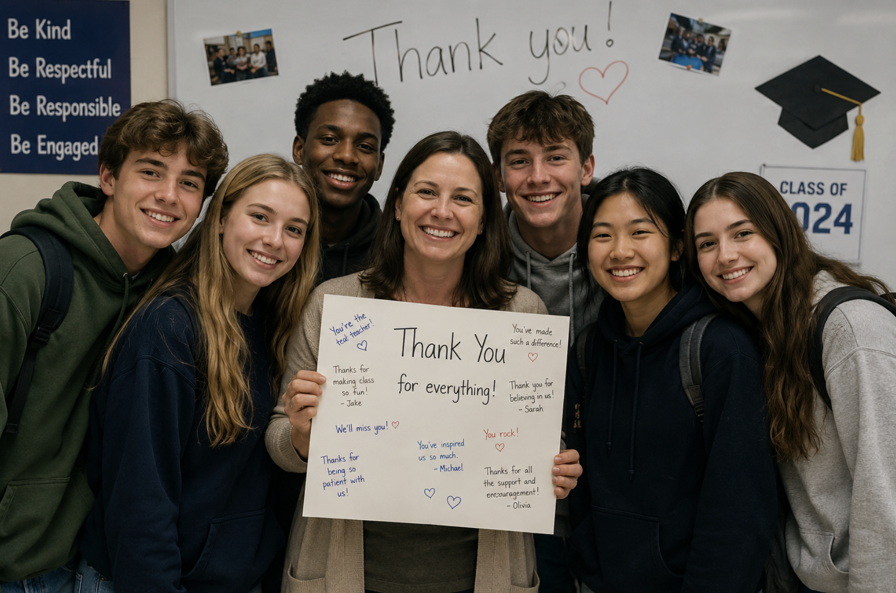 A classroom group photo with a thank-you sign