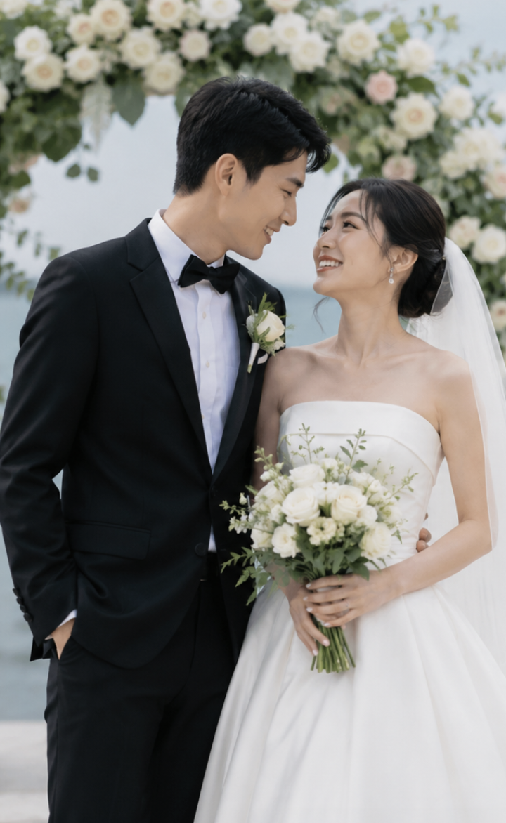 A wedding portrait with the couple smiling together