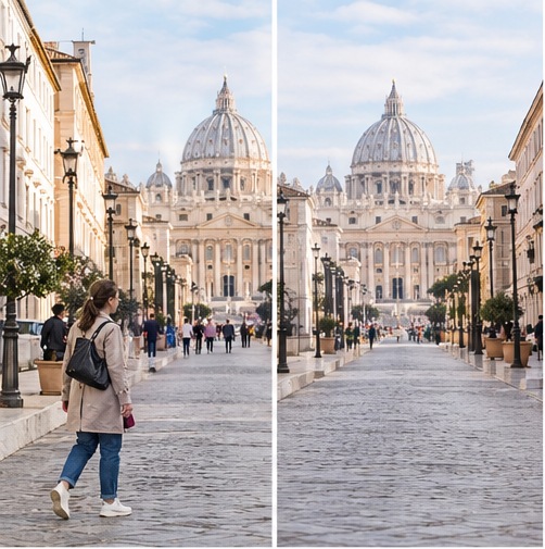 Sample before-and-after of an unwanted object removed from a photo