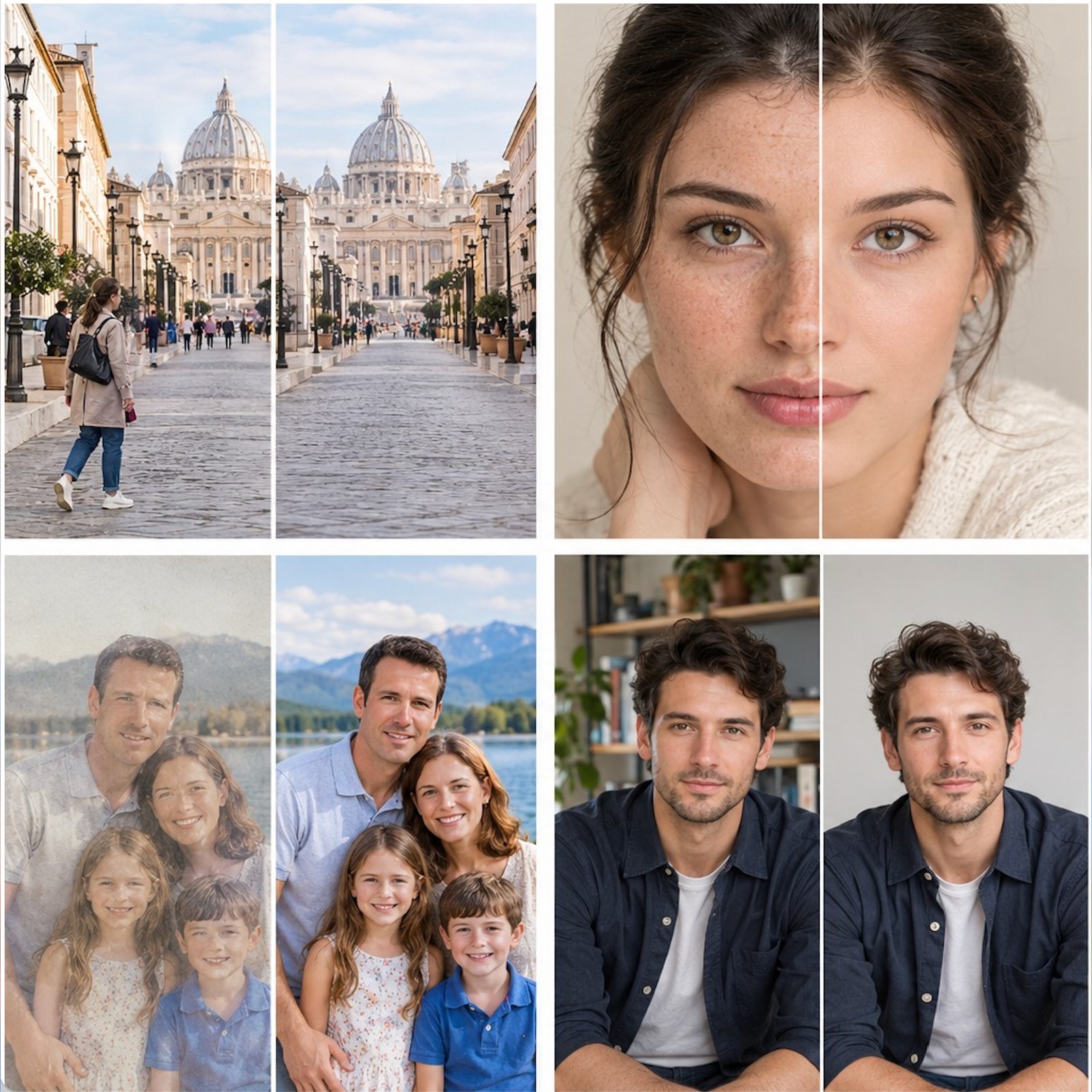 Sample montage of four photo editing concepts: object removal, portrait retouching, faded family photo color restoration, and background replacement