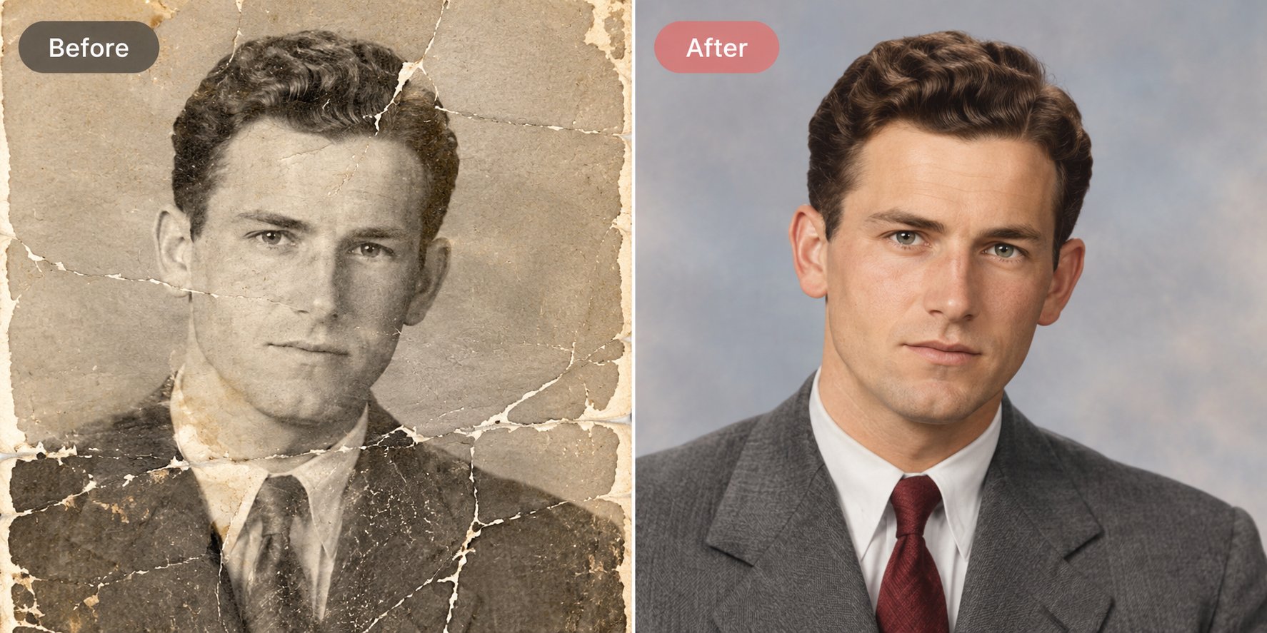 Sample before-and-after of a damaged vintage portrait: torn edges and cracks repaired, surface stains cleaned, and facial detail restored